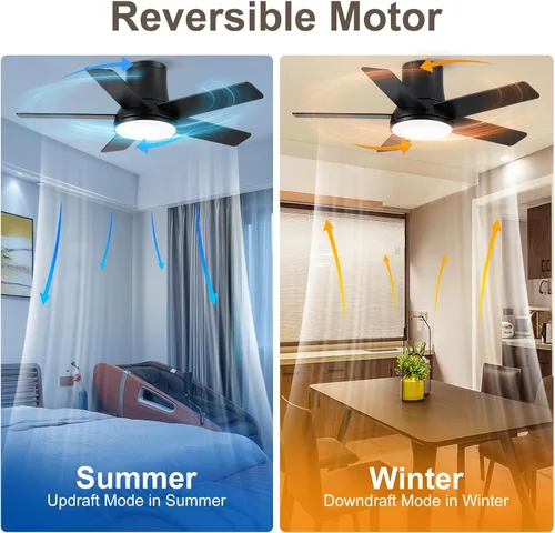 Vista 6 de Ventiladores de techo de 42 pulgadas con luces y control remoto, ventilador de techo negro de montaje empotrado para dormitorio, sala de estar
