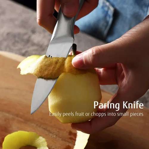 Vista 7 de hecef Juego de cuchillos de cocina plateado de 3 piezas, hoja con acabado satinado con mango hueco, incluye cuchillo de chef de 20 cm, cuchillo