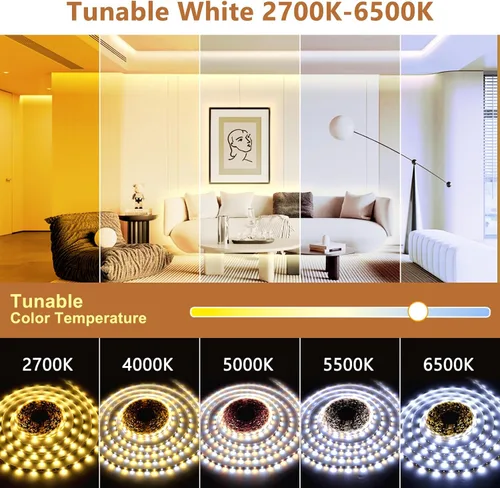 Vista 2 de Wefomey - Tiras de luces LED blancas, 100 pies de cinta de luz LED regulable y brillante de 24V con control remoto y aplicación, 2700K-6500K, 1440