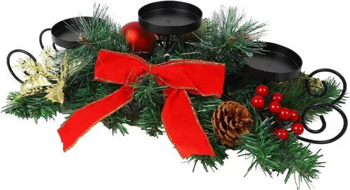 Vista 2 de MorTime - Portavelas de Navidad para centro de mesa, decoración de mesa de Navidad con lazo rojo, bayas, piñas, centro de mesa con base de acero