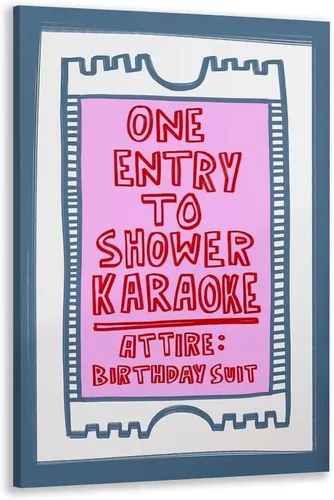 Vista 19 de Arte de pared moderno en rosa y azul con entrada a la ducha, póster de karaoke, decoración divertida para baño, señales retro para baño, decoración