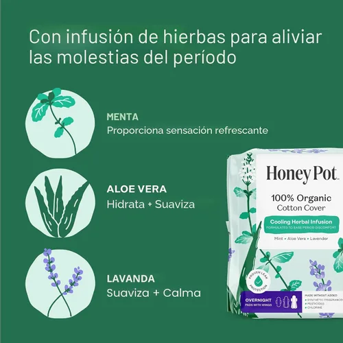 Vista 3 de The Honey Pot Company - Almohadillas herbales para mujeres - Noche entera con alas - Infundidas con aceites esenciales para efecto refrescante