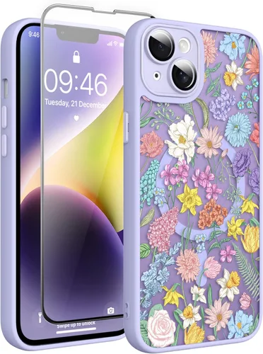 Vista 84 de Magnético para iPhone 13 con protector de pantalla [Compatible con MagSafe] Diseño de patrón floral de flores bonitas, funda delgada a prueba