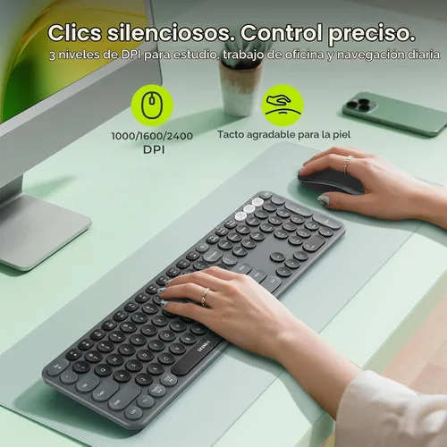 Vista 4 de seenda COE202 - Combo de teclado y mouse Bluetooth, teclas redondas retro, color negro Retro silent keyboard and mouse connects to 3 devices
