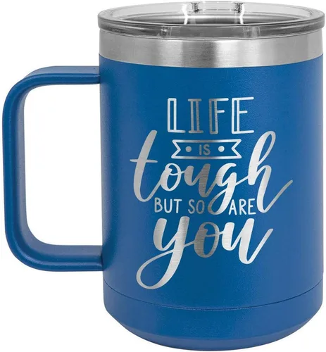 Vista 7 de LIFE IS TOUGH BUT SO ARE YOU Negro Taza de café de 15 oz con tapa deslizante Taza de café de viaje aislada Ideas de regalos de cumpleaños