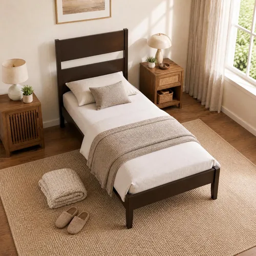 Vista 13 de KOMFOTT Twin Size Rubber Wood Bed Frame with Tall Headboard, Caramel Brown