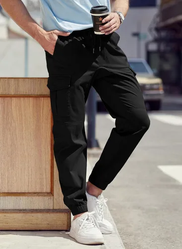 Vista 6 de JMIERR Pantalones cargo de moda para hombre, casuales, de algodón, elásticos, de sarga con cordón, pantalones deportivos con 6 bolsillos