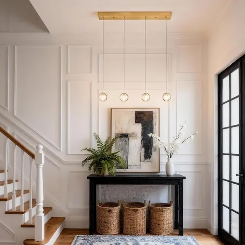 Vista 3 de Lámparas colgantes de oro cepillado de 4 luces para isla de cocina moderna, lámparas colgantes de globo de cristal para comedor sobre mesa, lámparas