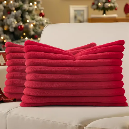 Vista 55 de decorUhome Fundas de almohada de piel sintética, juego de 2, decorativas, afelpadas, suaves, afelpadas, a rayas, parte posterior de terciopelo