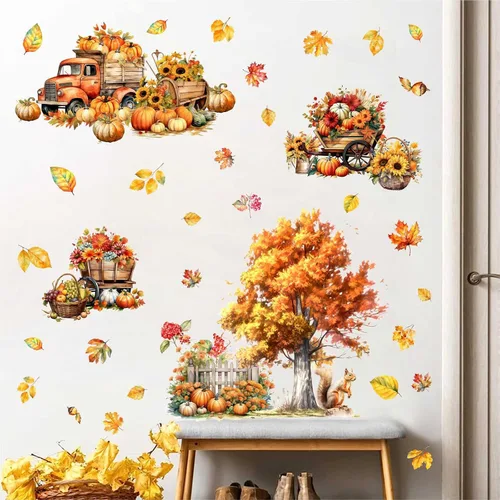 Vista 2 de Calcomanías de pared de árbol de arce, calcomanías de pared de otoño con hojas de otoño, calcomanías de pared de hojas de árbol amarillo