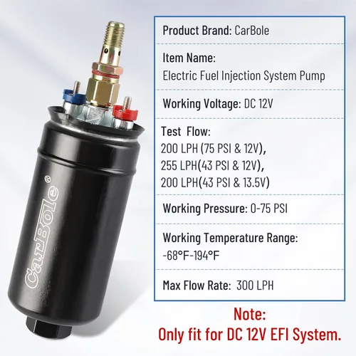 Vista 6 de CarBole Bomba de combustible universal eléctrica externa en línea, 12V 300LPH de alto flujo, con abrazadera de montaje