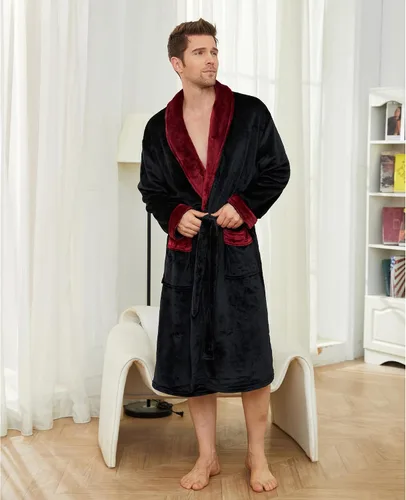 Vista 3 de U2SKIIN Albornoz de forro polar para hombre con cuello de felpa
