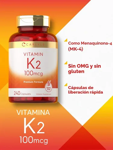 Vista 4 de Suplemento de vitamina K2 Carlyle 100 mcg K2 MK-4 240 cápsulas Sin OGM y sin gluten Sin OMG y sin gluten