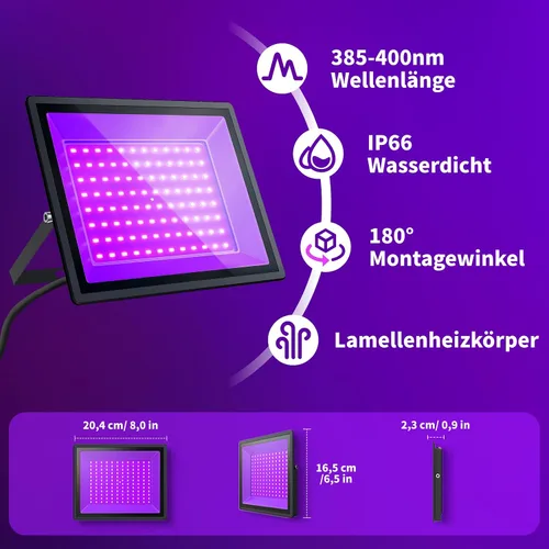 Vista 6 de Luz negra UV de 100 W, impermeable IP66, con enchufe e interruptor integrado. Ideal para fiestas brillantes, iluminación de escenario, pintura