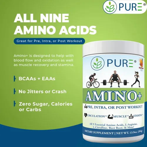 Vista 4 de PURE Amino+ - Aminoácidos esenciales en polvo, 30 porciones, 17.64 oz - EAA de espectro completo con L-arginina, L-citrulina y raíz de remolacha
