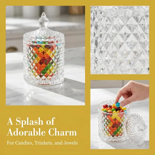 Vista 5 de Hedume Paquete de 4 tarros facetados de diamantes de cristal con tapa de cristal, juego de organización de almacenamiento de alimentos de vidrio