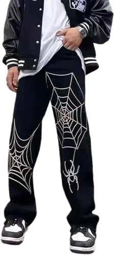 Vista 3 de Pantalones de mezclilla Y2K para hombre, estilo vintage, hip hop, holgados, rectos, tela de araña, con gráficos de estrellas, pantalones