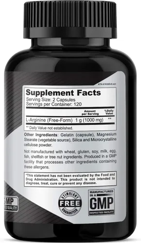 Vista 3 de L-Arginina 1000 mg 240 cápsulas - Soporta niveles de óxido nítrico de alta potencia, flujo sanguíneo, mejora la resistencia energética para hombres