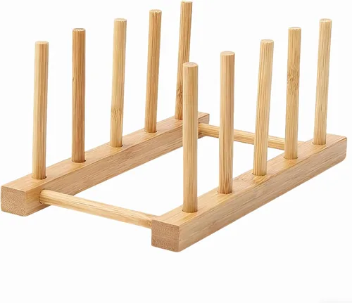 Vista 10 de Kunovo Estantería de Platos de Bambú, Organizador de Tapas de Olla/Platos/Tablas de Cortar para Gabinetes de Cocina, Soporte de Secado de Botellas 3G