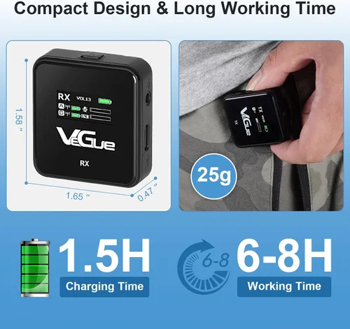 Vista 4 de VeGue Sistema de micrófono inalámbrico Lavalier, micrófono de solapa inalámbrico de doble canal de 2.4 GHz con cancelación de ruido para cámaras