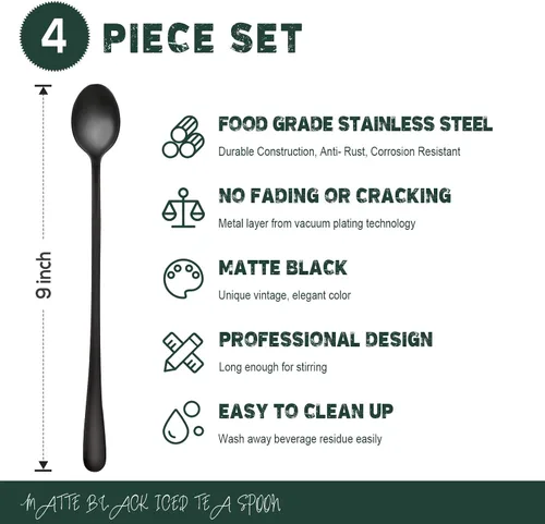 Vista 2 de Hiware Cucharas de mango largo de 9 pulgadas con acabado mate negro para té helado, cuchara de café, cuchara de helado, cucharas de acero inoxidable