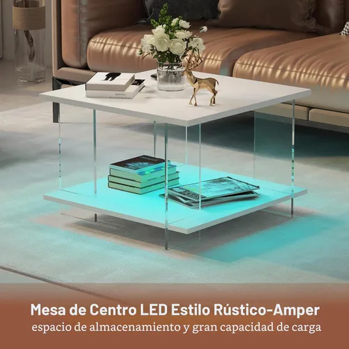 Vista 5 de HedoAjim Mesa de café de 24" de acrílico con tablero de madera blanca, mesa central minimalista y moderna de estilo cuadrado para la sala de estar