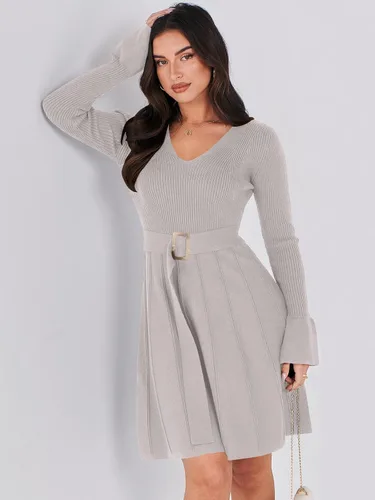 Vista 3 de ANRABESS Vestido tipo suéter de manga larga con cuello en V y lazo en la cintura, plisado, acampanado, elegante, de punto acanalado, vestido midi