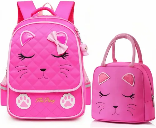 Vista 15 de Juego de 2 mochilas escolares con lazos para niñas y estudiantes, diseño de princesa para escuela primaria, 2pcs Negro-s, 2Pcs BagSet S