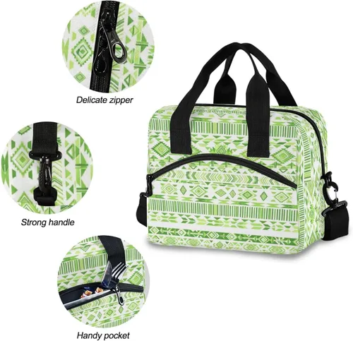 Vista 5 de Lonchera con estampado azteca, lonchera de gran capacidad para hombres y mujeres, bolsa cruzada aislada para el almuerzo reutilizable