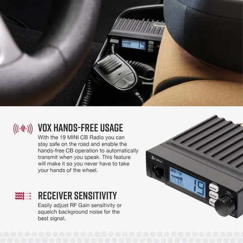 Vista 5 de Cobra 19 MINI AM/FM Radio CB Recreacional - Modo Dual AM/FM, 40 Canales, Esenciales de Viaje, Temporizador de Tiempo Libre, VOX, Auto Squelch, Auto