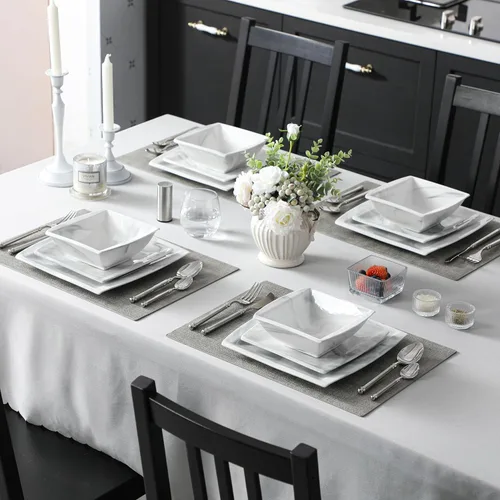 Vista 6 de MALACASA Juego de platos y cuencos, juego de vajilla de porcelana de 12 piezas para 4, platos cuadrados y cuencos para postre, ensalada y sopa
