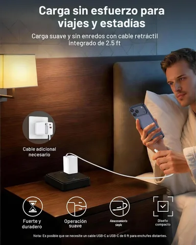 Vista 6 de Cargador de pared retráctil USB C, bloque de carga rápida 3 en 1 para Blanco