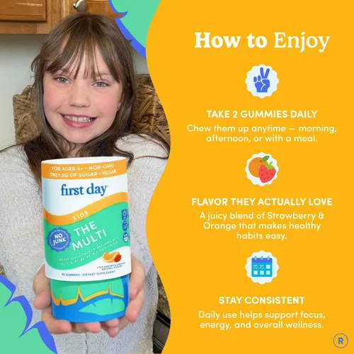 Vista 8 de First Day Gomitas multivitamínicas para niños de 4 años en adelante, fresa y naranja, vitaminas para niños, gomitas multivitamínicas A C D3 K2 B1 B2