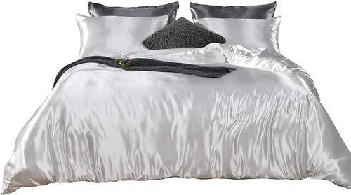 Vista 13 de Juego de edredón 100% satén de seda pura con 2 fundas de almohada, sin arrugas, resistente a la decoloración, una funda de edredón de satén de seda