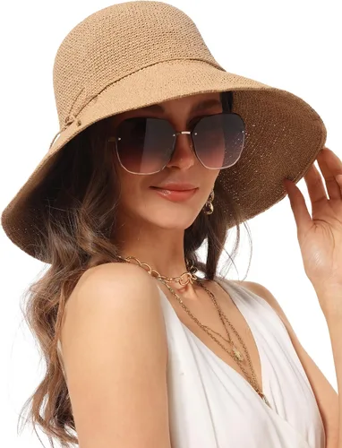 Vista 7 de Sombrero de paja para mujer, ala ancha, plegable, protección UV, gorra de verano para playa, UPF 50+ Caqui