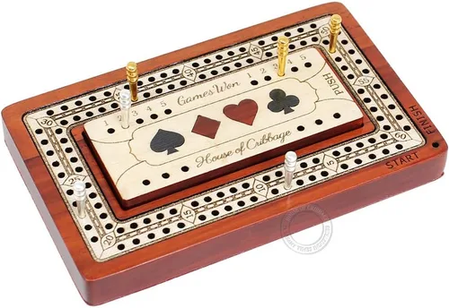 Vista 2 de House of Cribbage - 2 pistas - Tablero de Cribbage de madera de viaje/tamaño de bolsillo - 4 pulgadas - Incrustado en madera Bloodwood/Arce