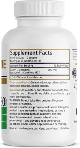 Vista 2 de Bronson Acetil L-Carnitina 500 MG Aminoácido de Alta Potencia Sin OGM, 60 Cápsulas