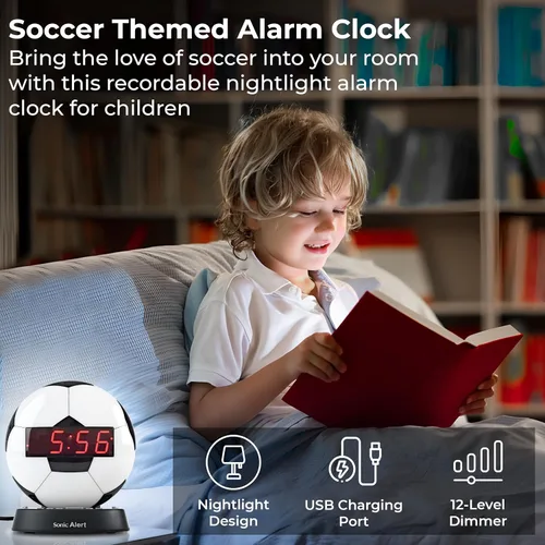 Vista 2 de Sonic Alert Reloj despertador con balón de fútbol con luz nocturna brillante, batería de reserva y atenuador de rango completo, reloj despertador