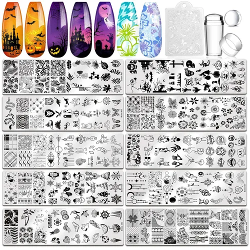 Vista 19 de Biutee - Juego de 10 placas de estampado de uñas, diseño de Halloween, kit de estampado de uñas 14 piezas