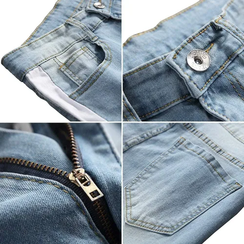 Vista 2 de LONGBIDA Mens Slim Fit Jeans Stretch Destroyed Ripped Skinny Side Striped Ankle Zipper Denim Pencil Pants