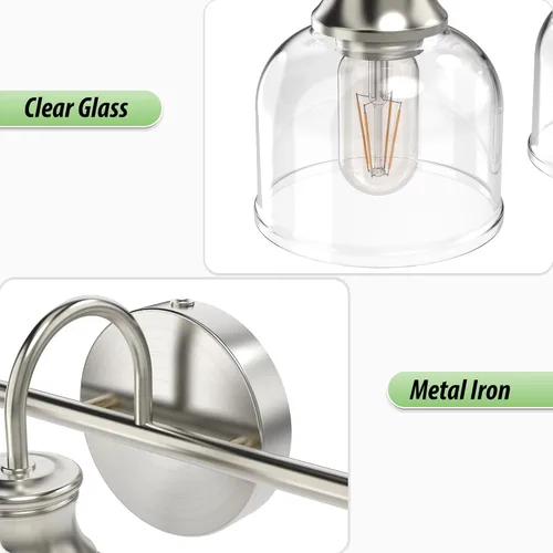 Vista 5 de Lámpara de tocador de baño de 3 luces, níquel cepillado, tradicional, clásica, con vidrio transparente, accesorios de iluminación de baño sobre