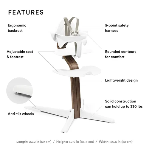 Vista 2 de Nomi – Silla alta, color blanco, de madera de nogal, diseño escandinavo moderno, eje de madera sólida, ajustable a precisión para adaptarse al