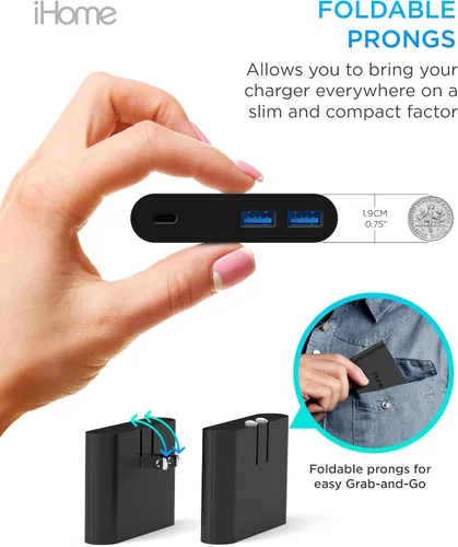Vista 5 de iHome Bloque de cargador de pared multipuerto de 32 W, 3 puertos, 1 USB-C, 2 USB-A Fast Charging, Power Delivery, Foldable Prongs, Slim Flat
