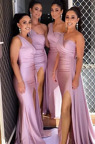 Vista 3 de Vestidos largos de dama de honor de un hombro para mujer, vestido formal de satén con abertura
