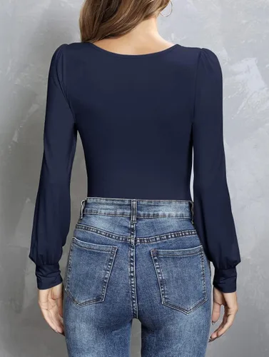 Vista 4 de BONITEE Body de manga larga abombada para mujer, cuello cuadrado, camiseta sin mangas, elástica, ajustada