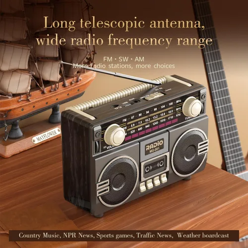 Vista 2 de AM FM Radio Portátil de onda corta Retro Radio Altavoz Bluetooth USB-C recargable, doble altavoz, recepción, perilla grande fácil de usar