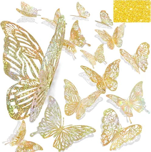 Vista 13 de 60 calcomanías 3D iridiscentes de mariposa dorada para decoración de pared Dorado