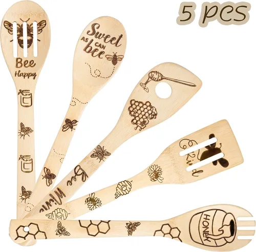 Vista 2 de Eartim Juego de espátulas de madera de abeja, 5 piezas de utensilios de cocina con temática de abeja, antiadherente natural, tallado, cuchara
