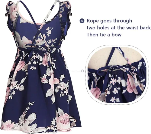 Vista 5 de PopReal - Vestidos para mamá y para mi con impresión floral hombro frío volante sin espalda correa mameluco playa vestido a media pierna de verano