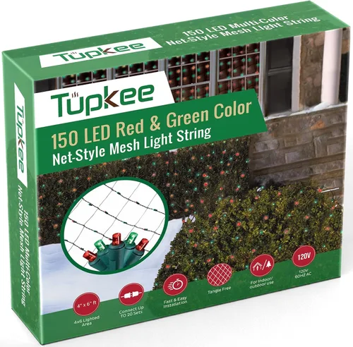 Vista 9 de Red de luces de Navidad – 150 luces LED de malla roja y blanca – 4 pies x 6 pies – Exterior/Interior – Luces de red para arbustos, setos o árboles